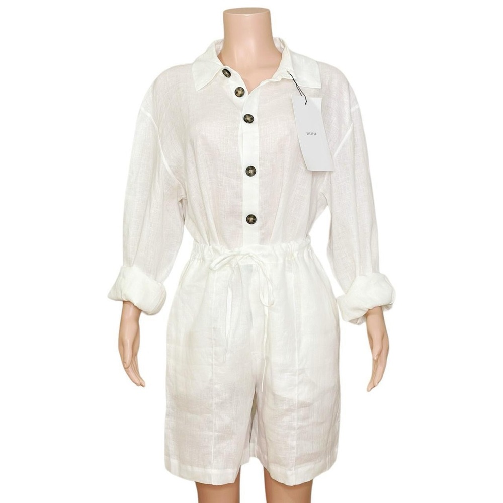 SLEEPER Linen Pajama Set With Shorts, White, XS/S - Picture 9 of 14